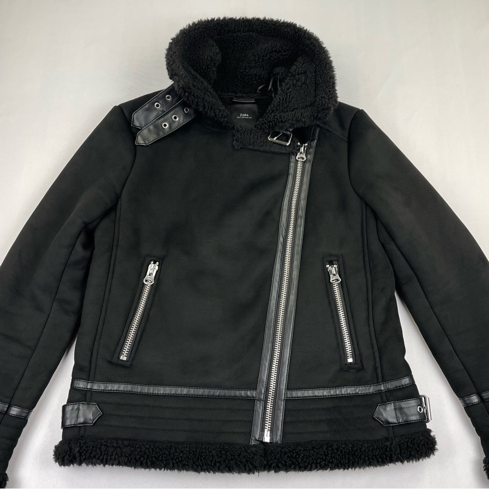ZARA Outerwear Faux Suede/Sherpa Lined Biker Jacket Womens Size S Faux Fur Black